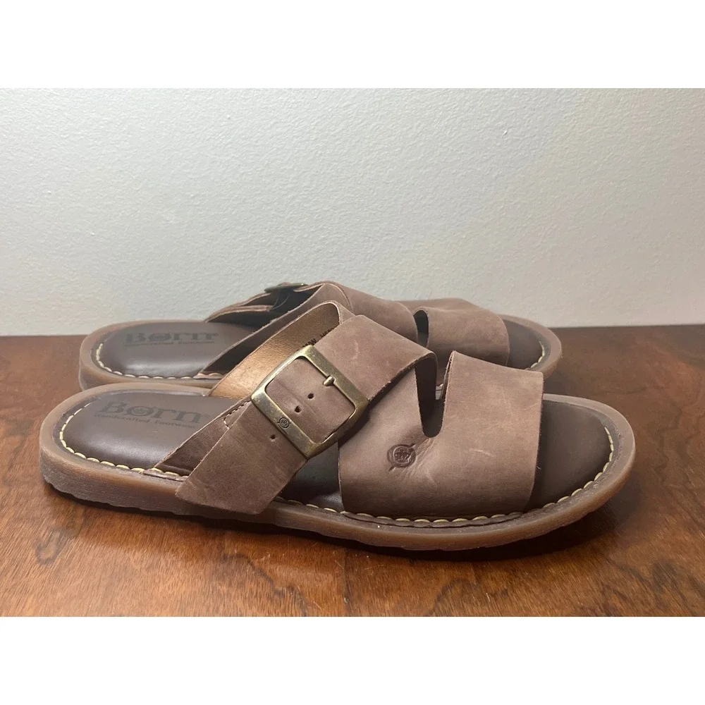 Born Men's Leather Slide Sandals Brown Size 9 Buckle Strap Comfort Fit